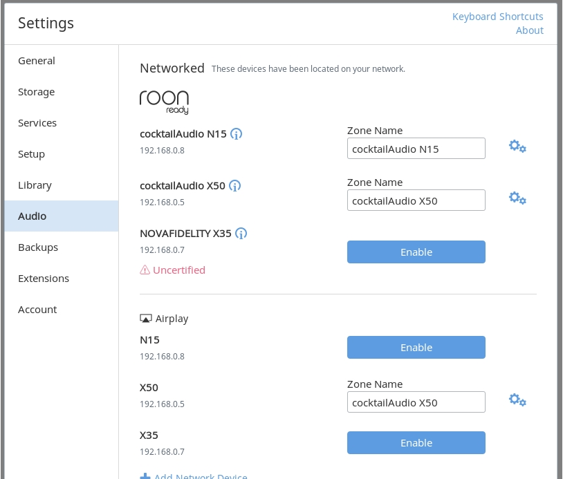 Roon CocktailAudio weitere Optionen